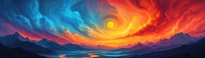 Fototapeta premium Vibrant sunset landscape with swirling clouds, glowing sun, and dramatic colors reflecting on a tranquil body of water.