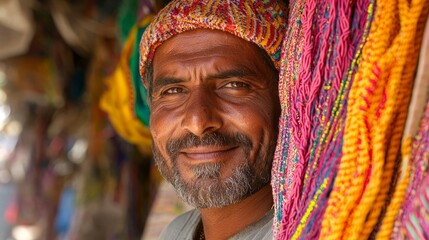 Obraz premium Authentic Street Vendor Selling Handmade Crafts with Joy in Colorful Market Ambiance - Realistic Candid Portrait Photography