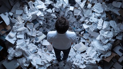 Person surrounded by messy paperwork