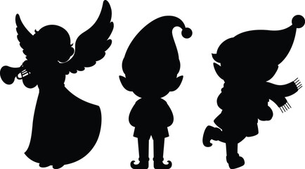 Silhouette snow angel and elf illustration, christmas decoration clip art