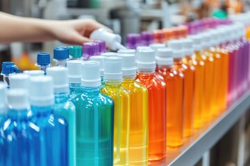 A row of colorful water bottles on a shelf, great for beverage or packaging concept.
