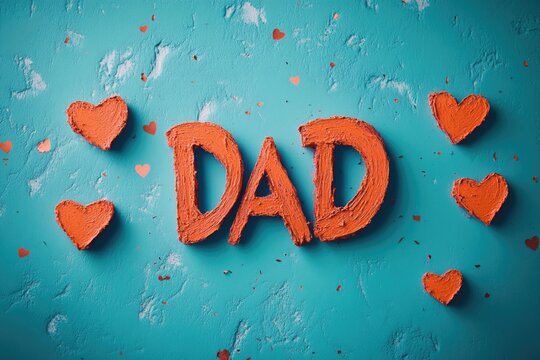 A father figure with a heart-themed design around him, set against a bright blue background.