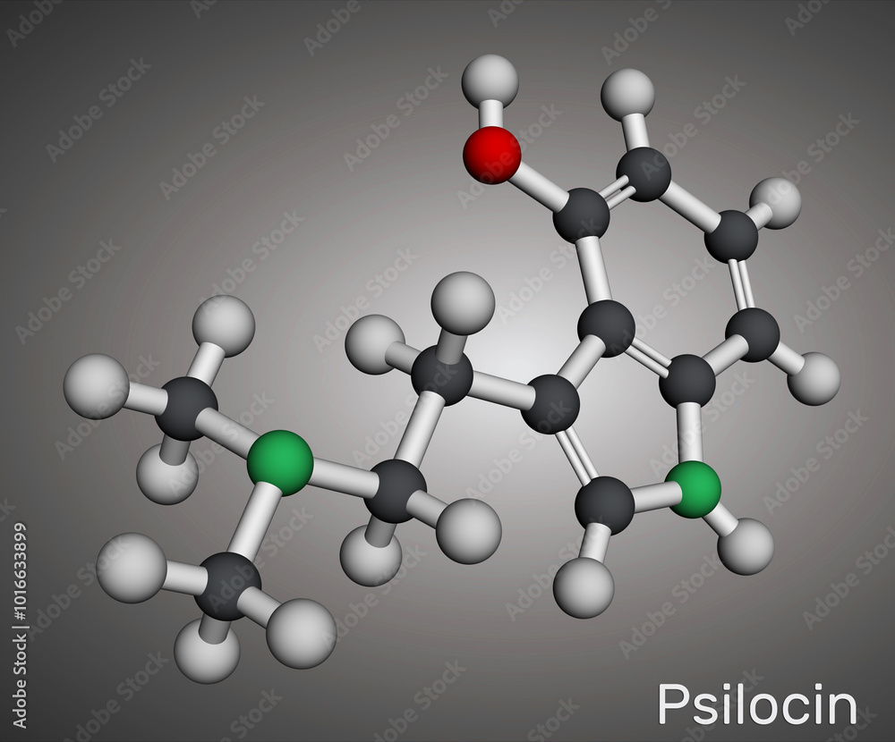 Poster Psilocin molecule. Psychoactive compound in certain species of mushrooms. Molecular model. 3D rendering.