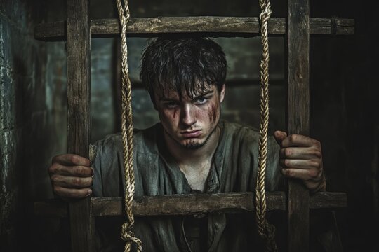 A prisoner sits in a cell with a rope tied around their neck, conveying a sense of desperation and hopelessness.