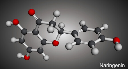 Naringenin molecule. A flavonoid found in citrus fruits with antioxidant and anti-inflammatory properties. Molecular model. 3D rendering