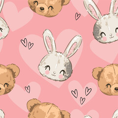 seamless pattern with cute bunny and teddy bear vector illustration 