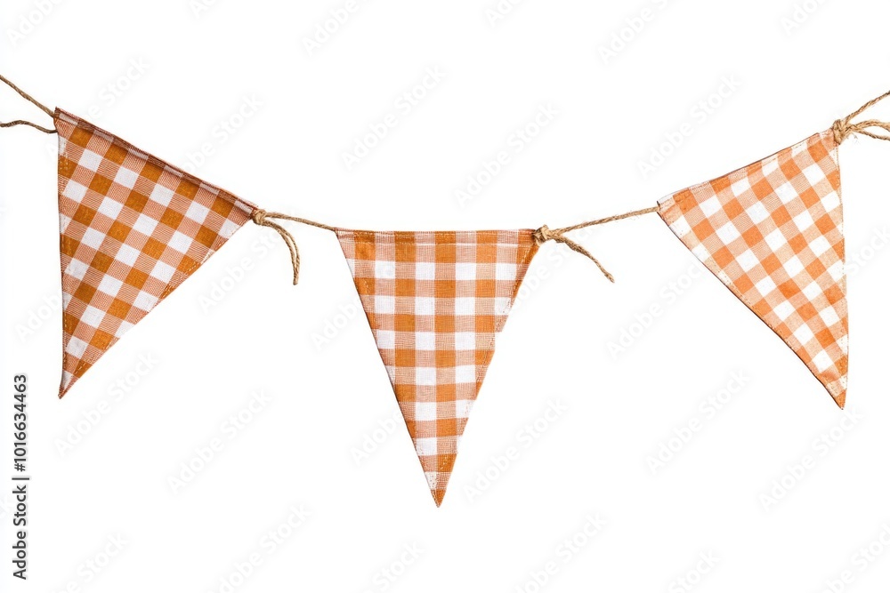 Poster a decorative bunting with orange and white stripes, hanging from a string.