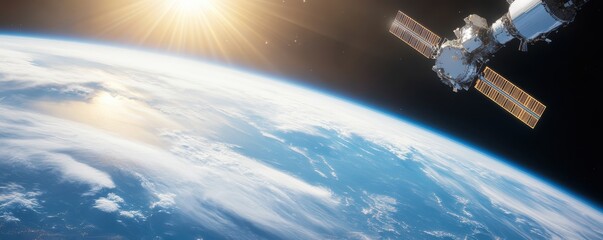 Fototapeta premium A stunning view of Earth from space, showcasing the beauty of our planet and the technology of a satellite orbiting above.