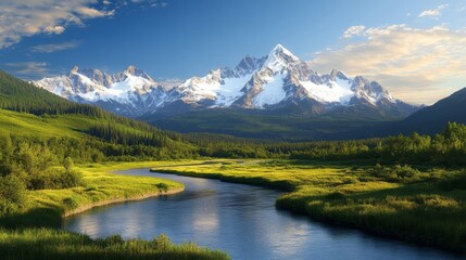 Majestic Mountain Range with River and Green Meadow