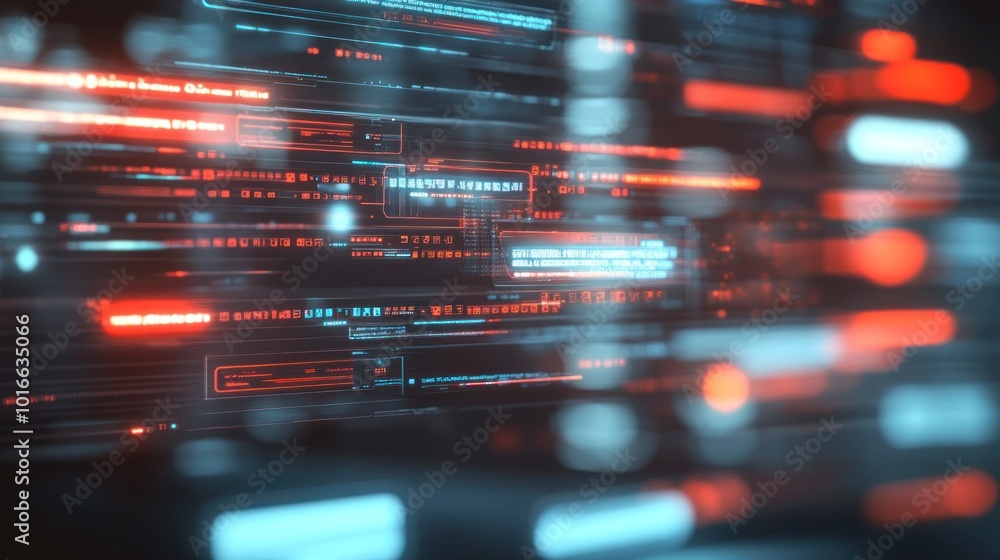Poster abstract digital data visualization with glowing lines and patterns.