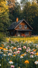 Obraz premium A charming wooden house surrounded by a vibrant flower field, capturing the beauty of nature and tranquility in a serene landscape.