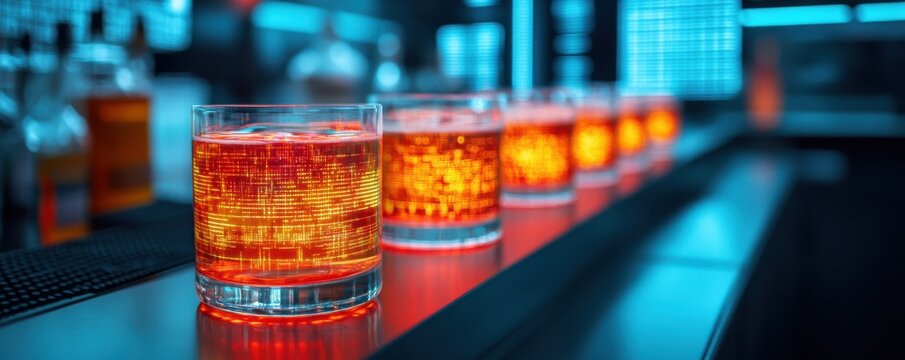 A vibrant row of cocktails glowing with orange hues on a modern bar, creating an inviting atmosphere for nightlife enthusiasts.