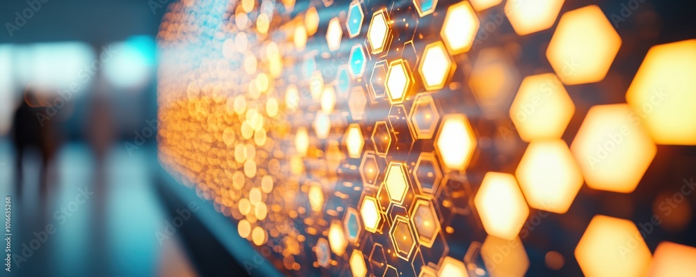 Poster a close-up view of illuminated hexagonal patterns creating a vibrant, abstract texture. perfect for 