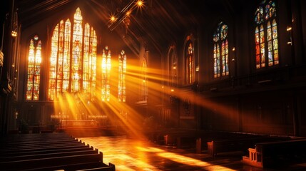 Church Interior With Stained Glass Windows And Sunbeams