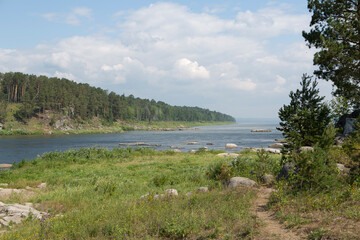 Russia Krasnoyarsk region view of Angara on a cloudy summer day