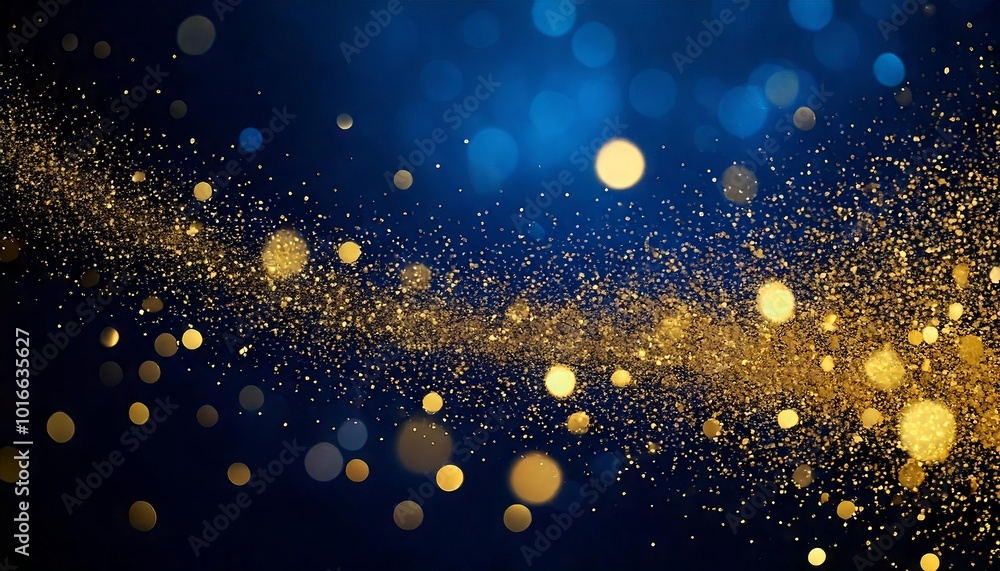 Poster an abstract blue background with golden sparkles and bokeh effects, creating a magical and festive a