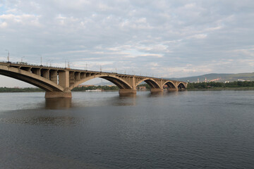 Russia Krasnoyarsk bridge over Yenisei summer day