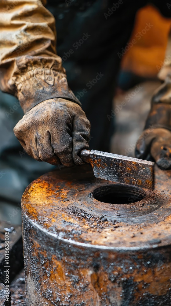 Poster a close-up of hands working with a metal tool on a rusty surface, showcasing craftsmanship and dedic