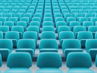 Naklejka premium A vibrant array of turquoise chairs arranged in perfect order, creating a visually striking and modern seating display.