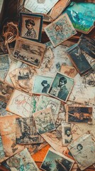 Naklejka premium A collection of vintage photographs and maps scattered on a wooden surface, evoking nostalgia and history.