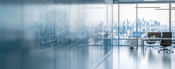 Obraz premium Modern office interior featuring glass walls and a city view, designed for productivity and innovation in a corporate environment.