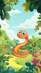 Obraz premium A colorful cartoon snake in a lush garden, surrounded by flowers and greenery, under a bright blue sky with fluffy clouds.