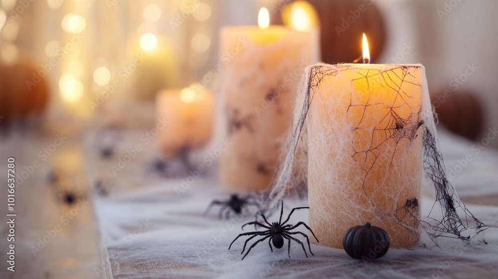 Canvas Prints Halloween party decorations with cobwebs and spiders along with candles on a light background featuring a Halloween theme and ample copy space Selective focus on the decorations