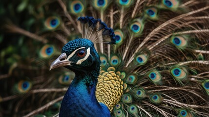 Obraz premium A close-up of a peacock with its feathers spread out. The bird's head is turned to the side, and its eye is visible. The feathers are a mix of blue, green, and brown.