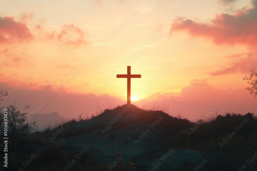 Poster image of a cross standing tall on the top of a hill as the sun sets in the background.