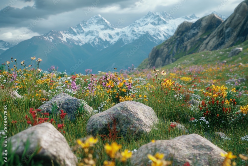 Poster A beautiful field of colorful flowers with mountains in the background, suitable for use as a wallpaper or in an editorial context.