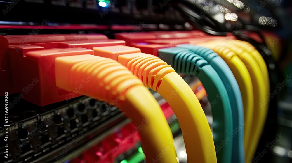 Poster a close-up of brightly colored lan cables plugged into a modern server in a secure, high-tech data r