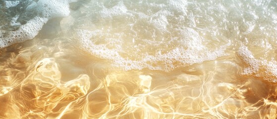 Obraz premium Abstract summer banner background Transparent beige clear water surface texture with ripples and splashes. Water waves in sunlight, top view
