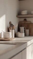 A cozy kitchen scene featuring elegant ceramics and wooden utensils on a countertop, expressing modern simplicity and warmth.