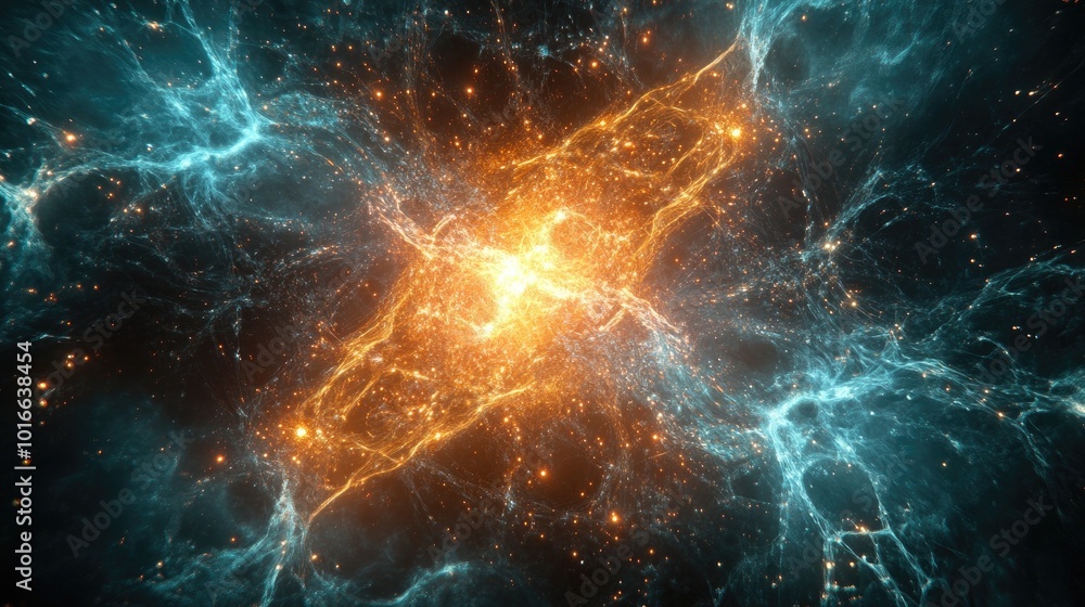 Poster a complex digital network made of glowing particles, showcasing the interconnected web of informatio
