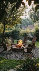 A cozy outdoor fire pit setting surrounded by chairs, perfect for gatherings and enjoying nature in the evening.
