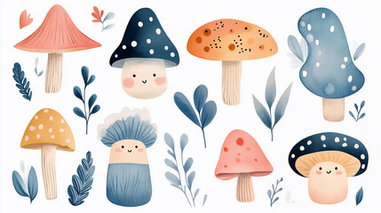Sticker pack with watercolor mushrooms and plants