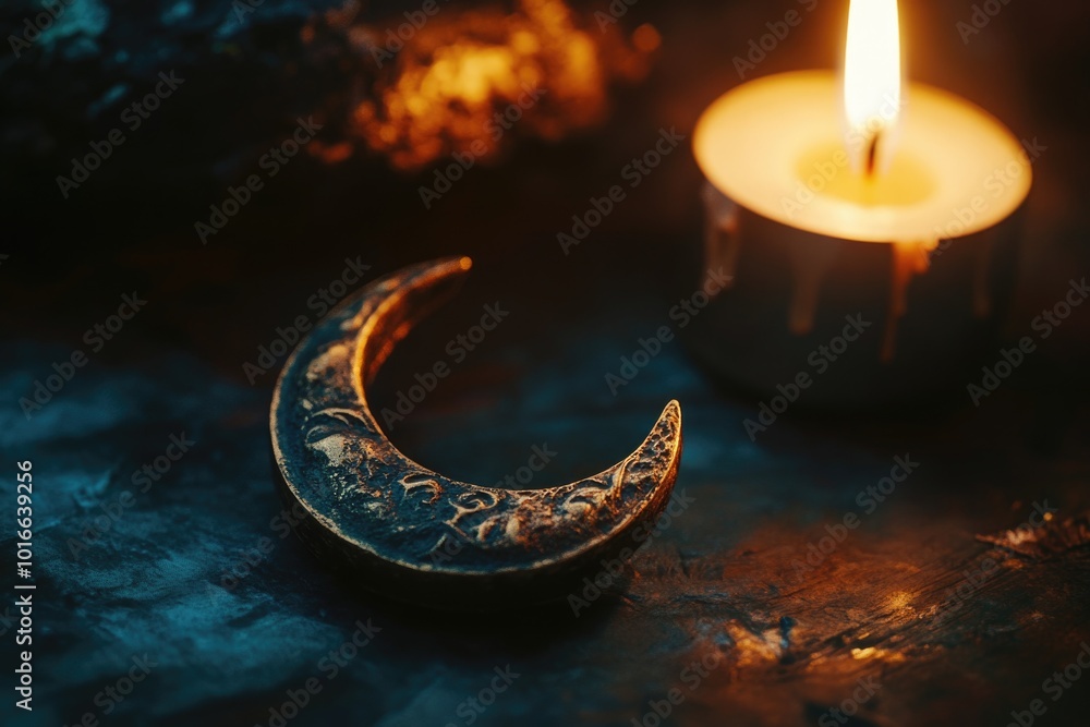 Canvas Prints A crescent-shaped object sits next to a lit candle, creating a warm and cozy atmosphere.