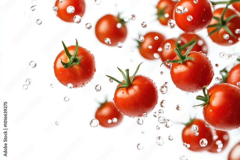 Poster a bunch of fresh tomatoes floating in water on a white surface.