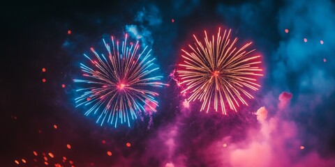 Fototapeta premium Vibrant fireworks display illuminating a dark sky, colorful bursts creating a festive atmosphere, soft background enhancing the spectacle