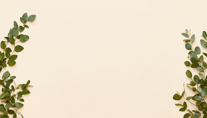 Naklejka premium Green leaves arranged on a soft beige background, minimalistic and calming design.