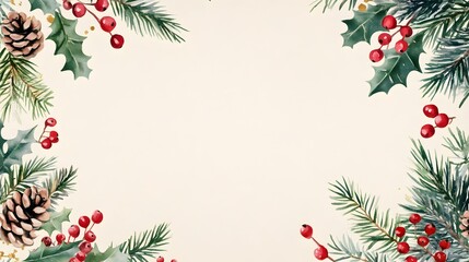 Watercolor Christmas Border with Pine Cones, Holly, and Berries