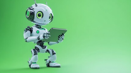 Ai robot using tablet isolate on green background