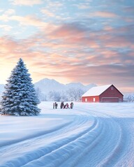 Family Enjoying a Scenic Winter Wonderland at a Christmas Tree Farm