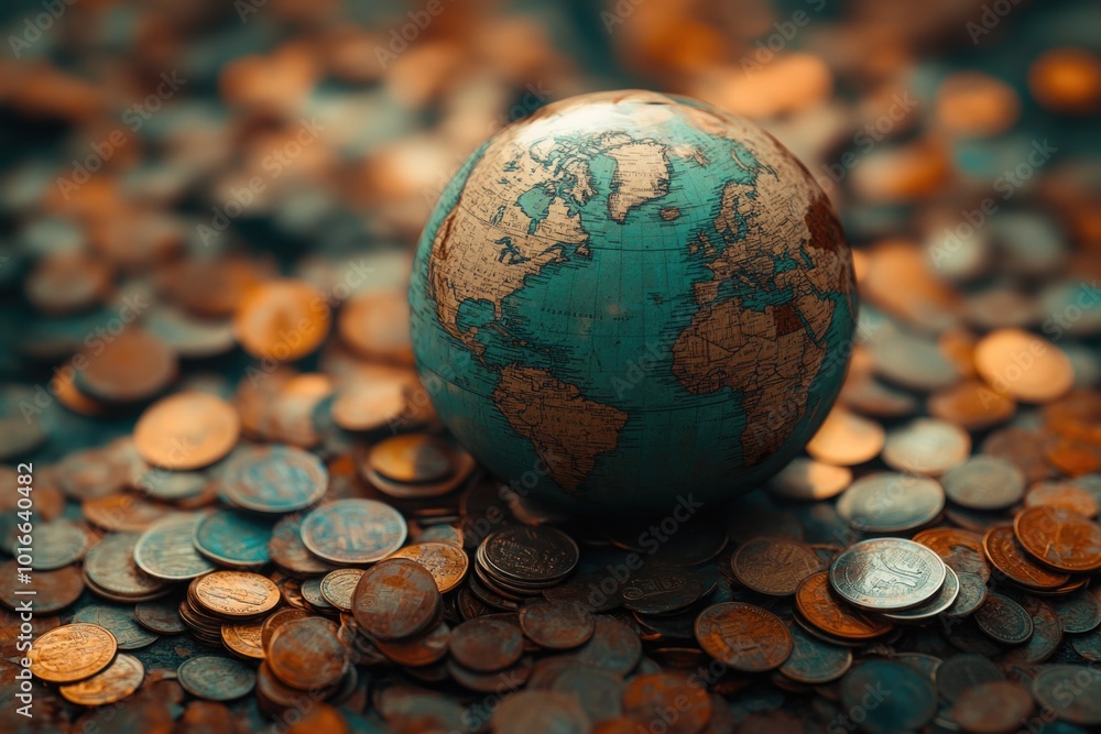 Poster a globe sitting on top of a pile of coins, a symbol of wealth and exploration.