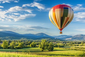 Fototapeta premium A vibrant hot air balloon soars majestically over Grants Pass, Oregon, on a beautiful summer morning, showcasing the lush landscape of rolling hills under clear blue skies.