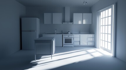 Minimal Kitchen Concept with Modern White Cabinets, Island, and Natural Light from Large Window