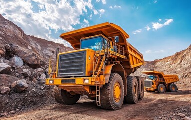 Obraz premium Two large yellow dump trucks are parked in a mining site, surrounded by rocky terrain and blue skies.