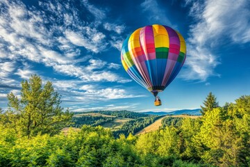 Naklejka premium A vibrant hot air balloon soars majestically over Grants Pass, Oregon, on a beautiful summer morning, showcasing the lush landscape of rolling hills under clear blue skies.