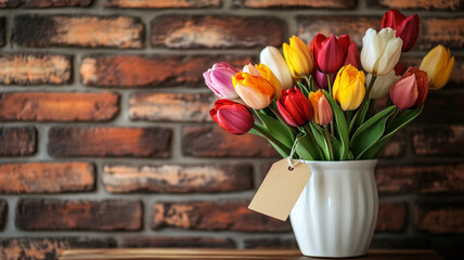 Colorful tulips  on a brick wall background
