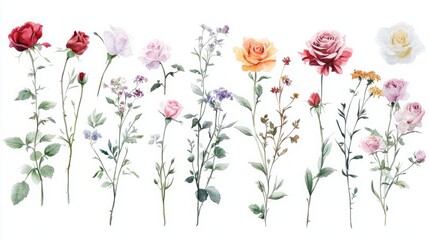 A collection of hand-painted floral illustrations showcasing various roses.